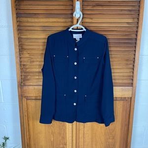 Susan Graver Style long sleeve silver snap front navy blue Shacket Sz medium EUC